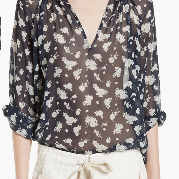 Vince Calico Print Floral Silk Blouse Coastal Navy Sheer - Picture 1 of 10